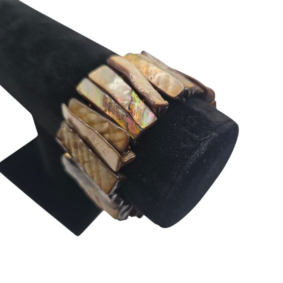 Women's Arm Wristlet Wide Iridescent Abalone Shell Stretchy Bracelet Jewelry - Picture 2 of 13